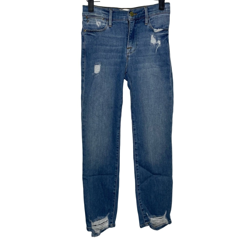 Frame Le High Straight Jeans Laskey Rips Distressed Raw Hem Blue LHST793 24